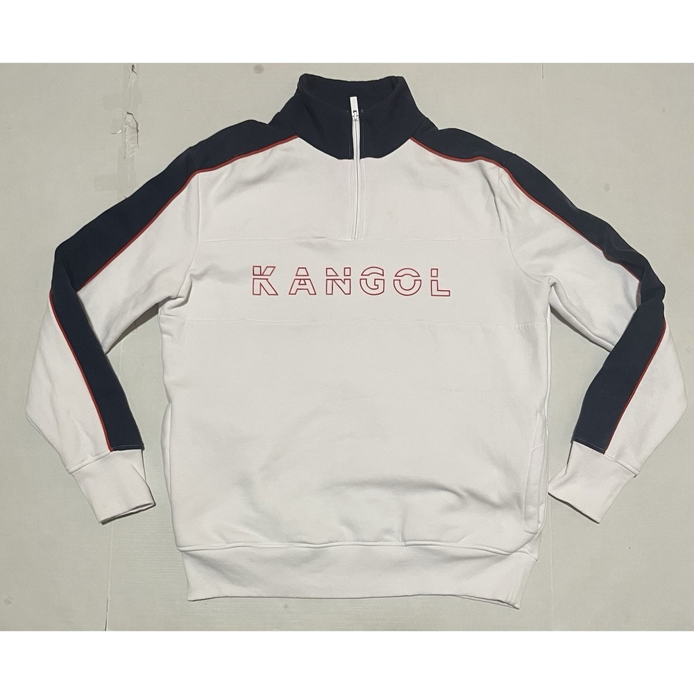 Kangol Embroidered Logo Size Medium White 1/4 Zip Pullover Fleece Jacket Sweater